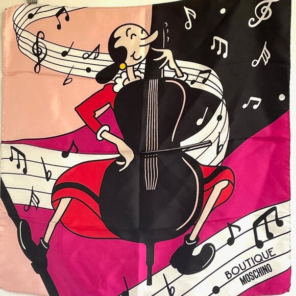 Moschino Scarf Silk Womens Square Olive Oyle Bass Popeye Collection 19x19 Italy - Picture 6 of 6